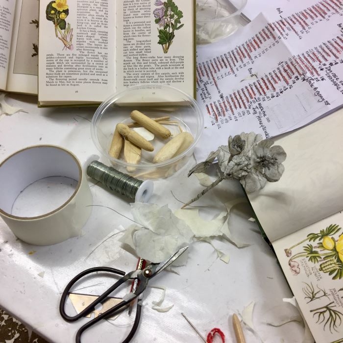 Scissors, twine, glue a book and a model flower