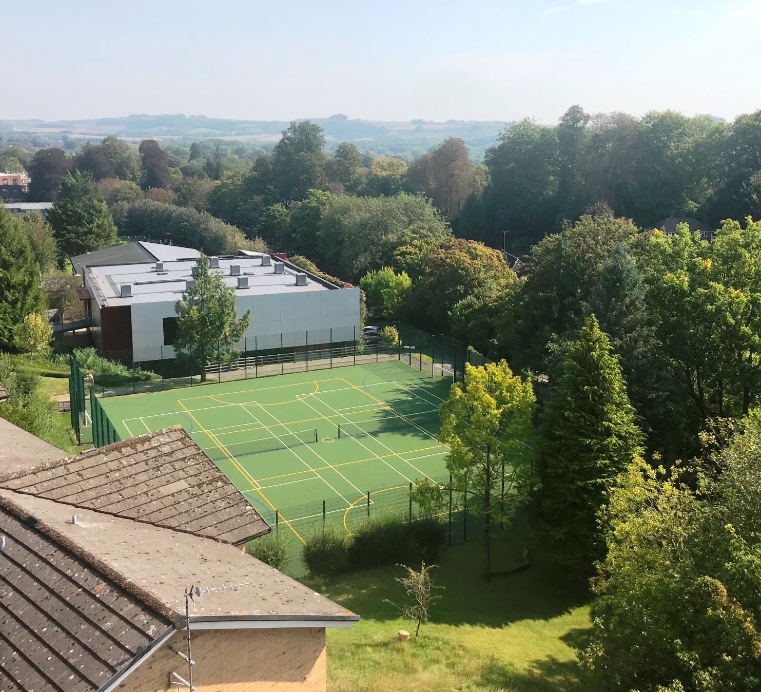 shows a view of the campus from kitchen in dormitory