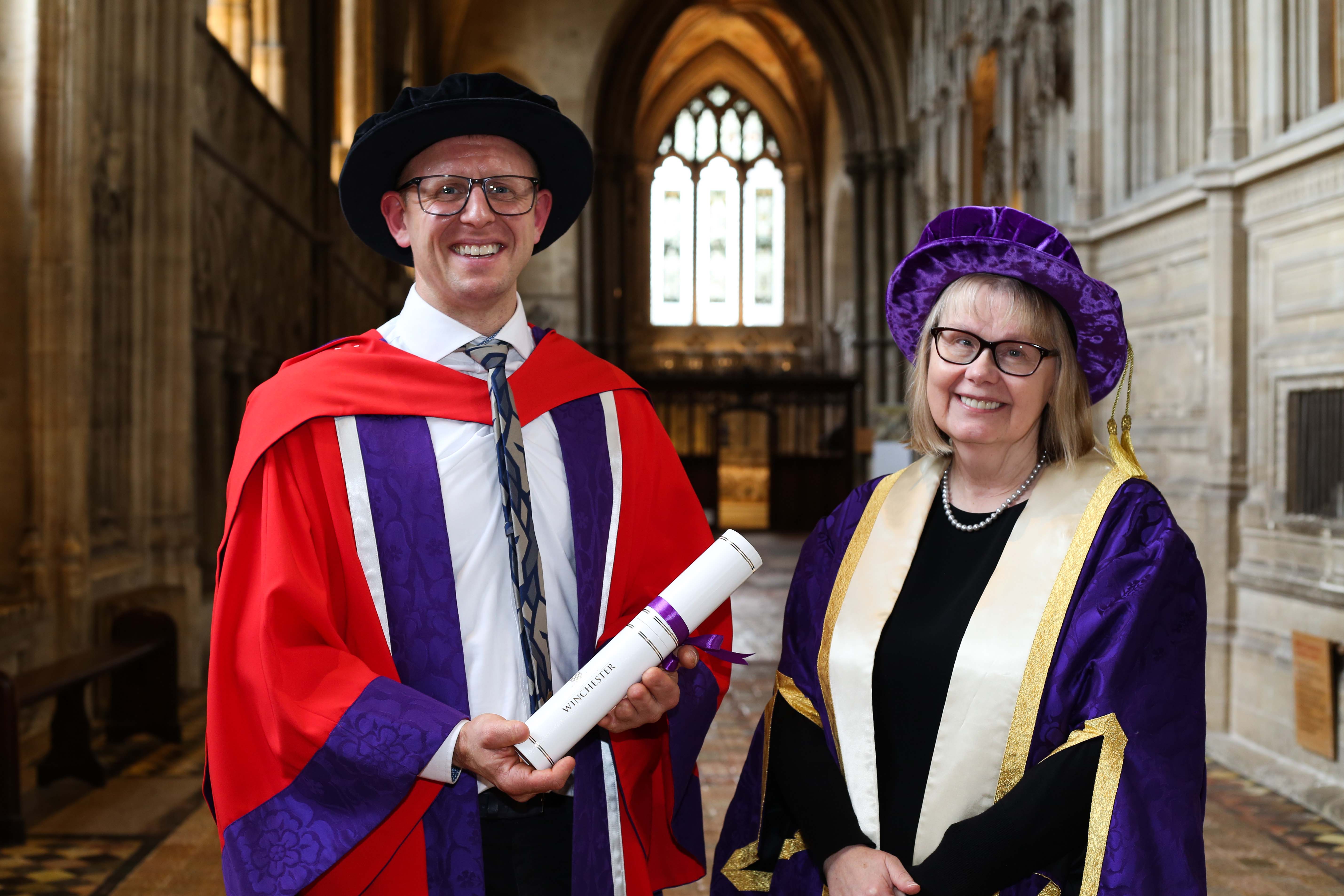Aaaron Phipps with Sarah Greer the Vice-Chancellor