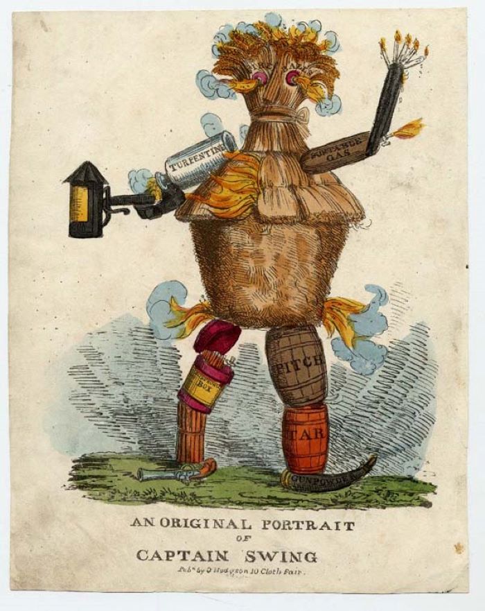 Early 19th century cartoon of a figure with a wheatsheaf for a head, hayrick for a body and barells for legs