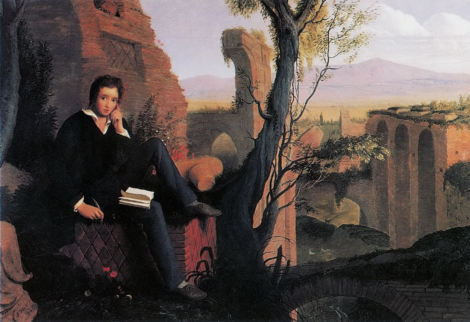 Painting of romantic poet sat in front of some ancient ruins