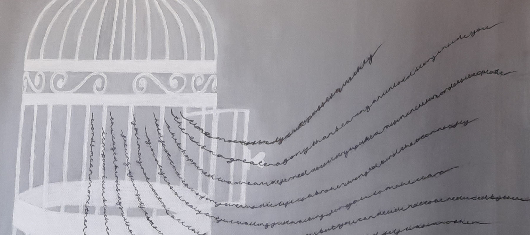Monochrome paining of birdcage with lines of words escaping
