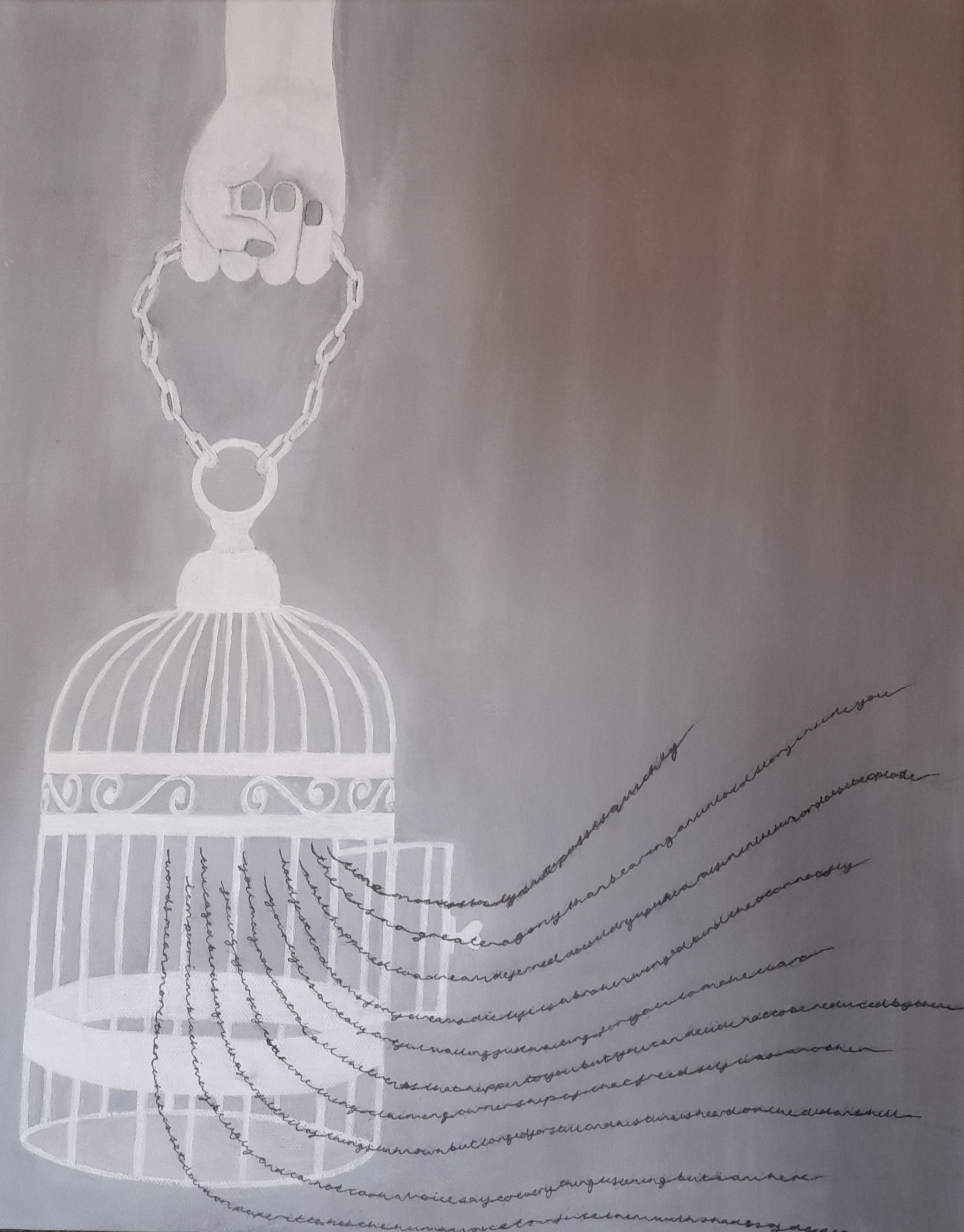 Monochrome paining of birdcage with lines of words escaping