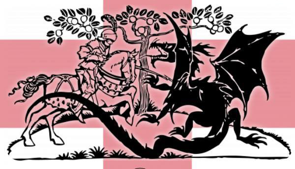 Cartoon of knight on horseback fighting dragon