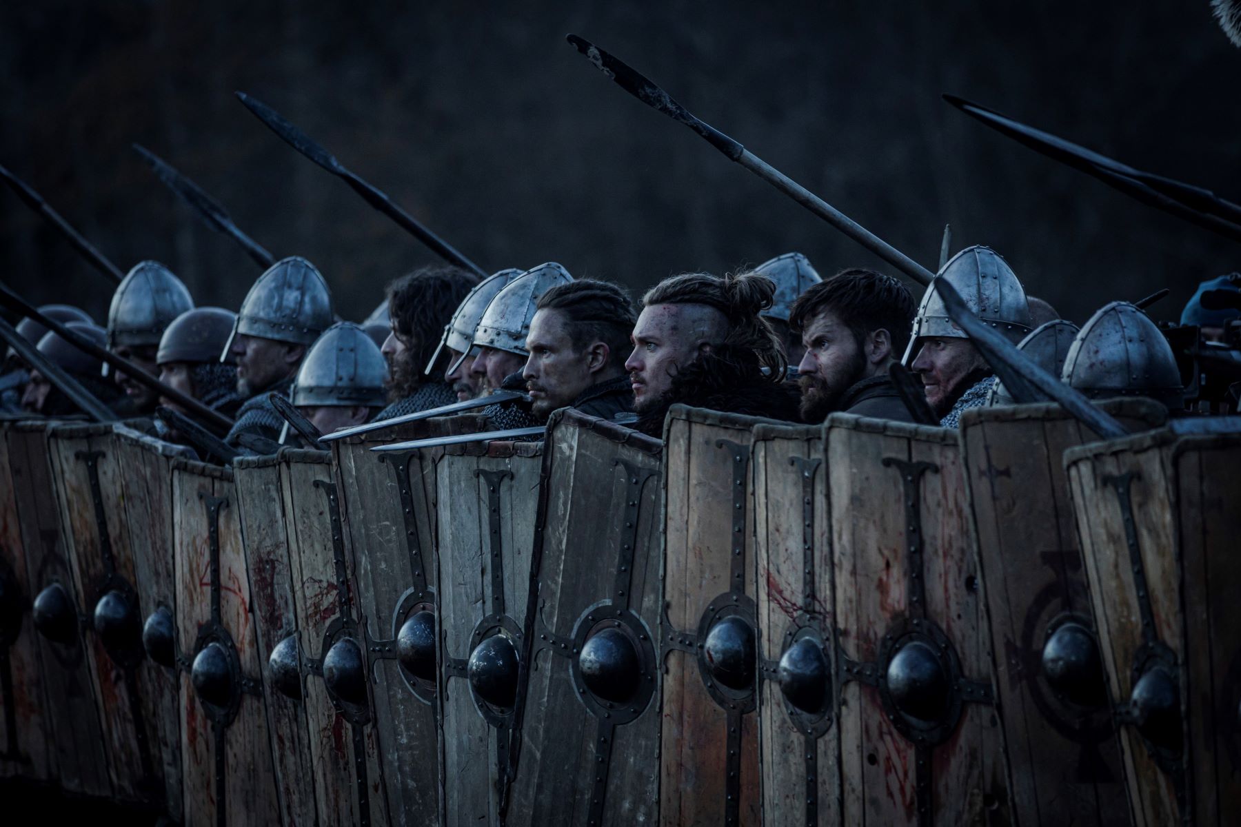 Saxon warriors in a shield wall