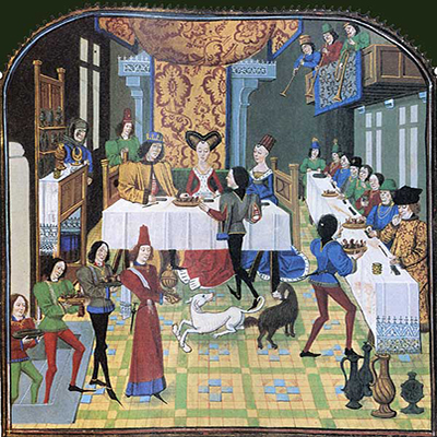 Colourful drawing of a medieval French banquet with guests at long tables and servants carrying food