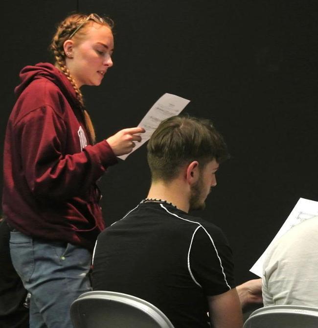 Hannah in rehearsal for Flower Cutters with MD Sam Cable and composer Josh Bird