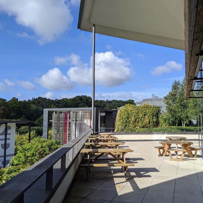 Sunny campus and terrace bar