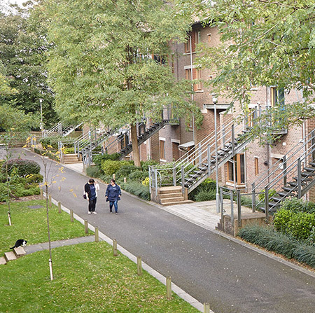 Students walking down the main street of our West Downs accommodation