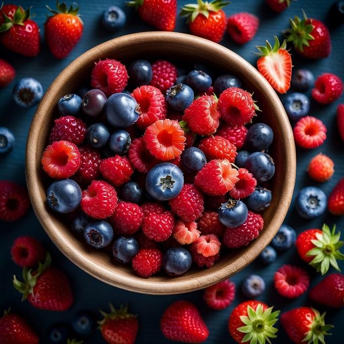 A bowl of raspberries, blueberries and strawberries