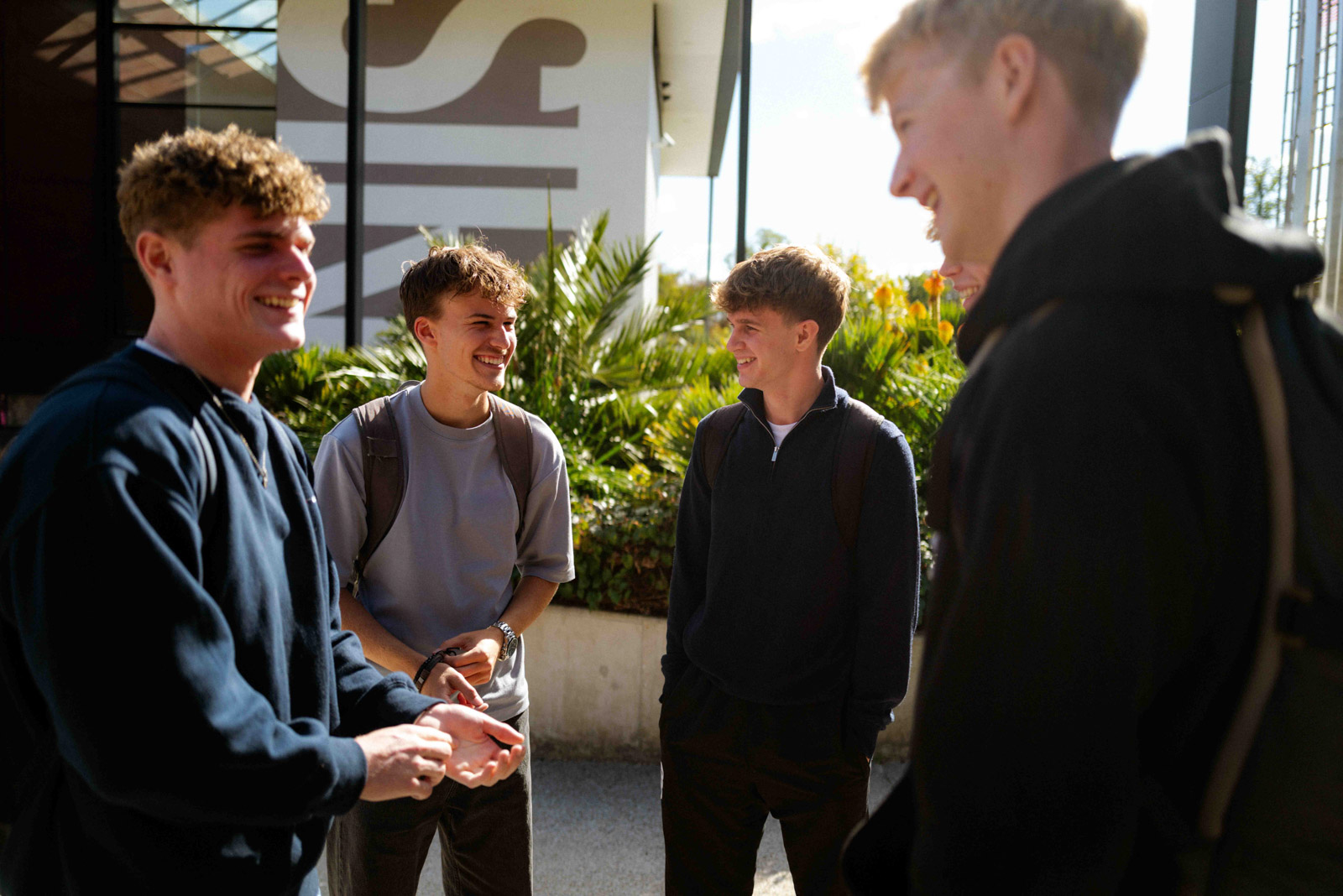 Students chat in a group in the sun