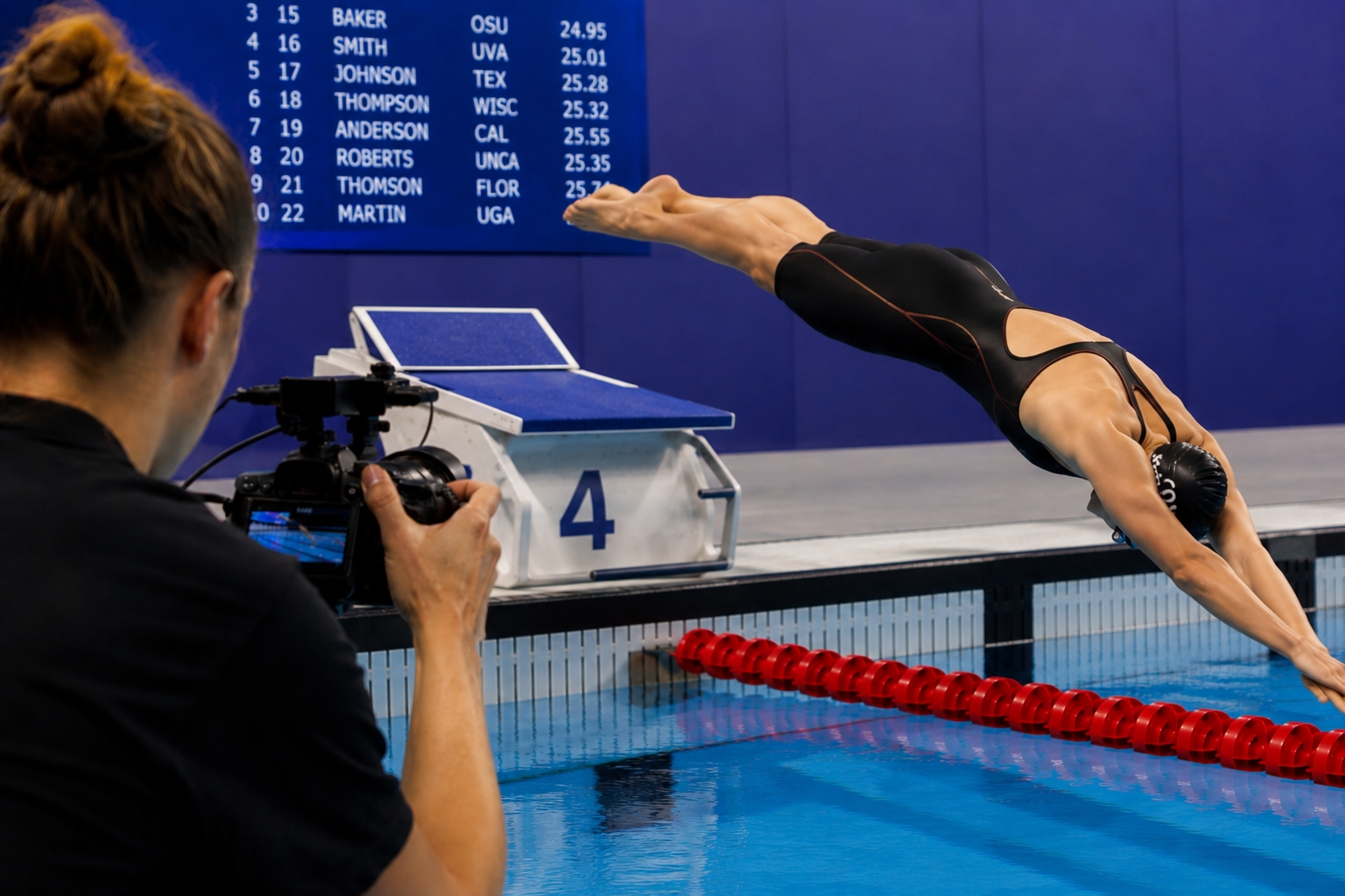 A swimmer diving into a pool while someone films them with a camera