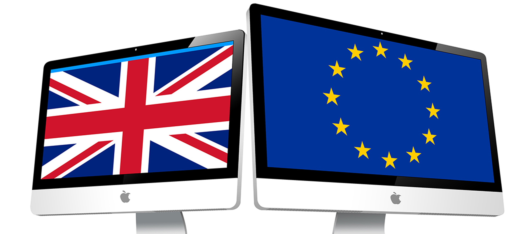 Two computers with union jack and EU flags as screen savers