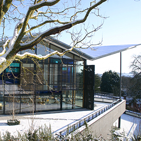 Outside of the University Centre building with snow