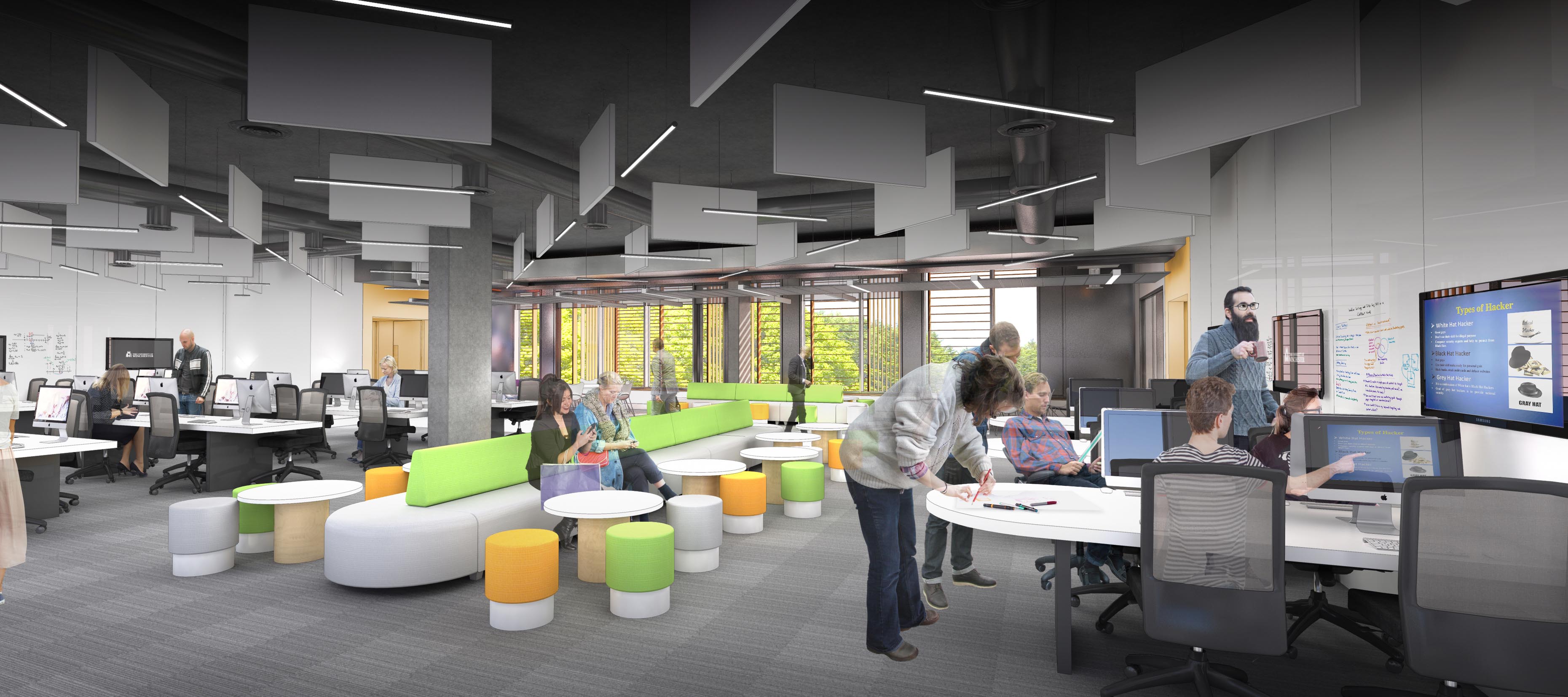 Architect's impression of a large open plan teaching space with computer workstations and yellow, green and grey seating
