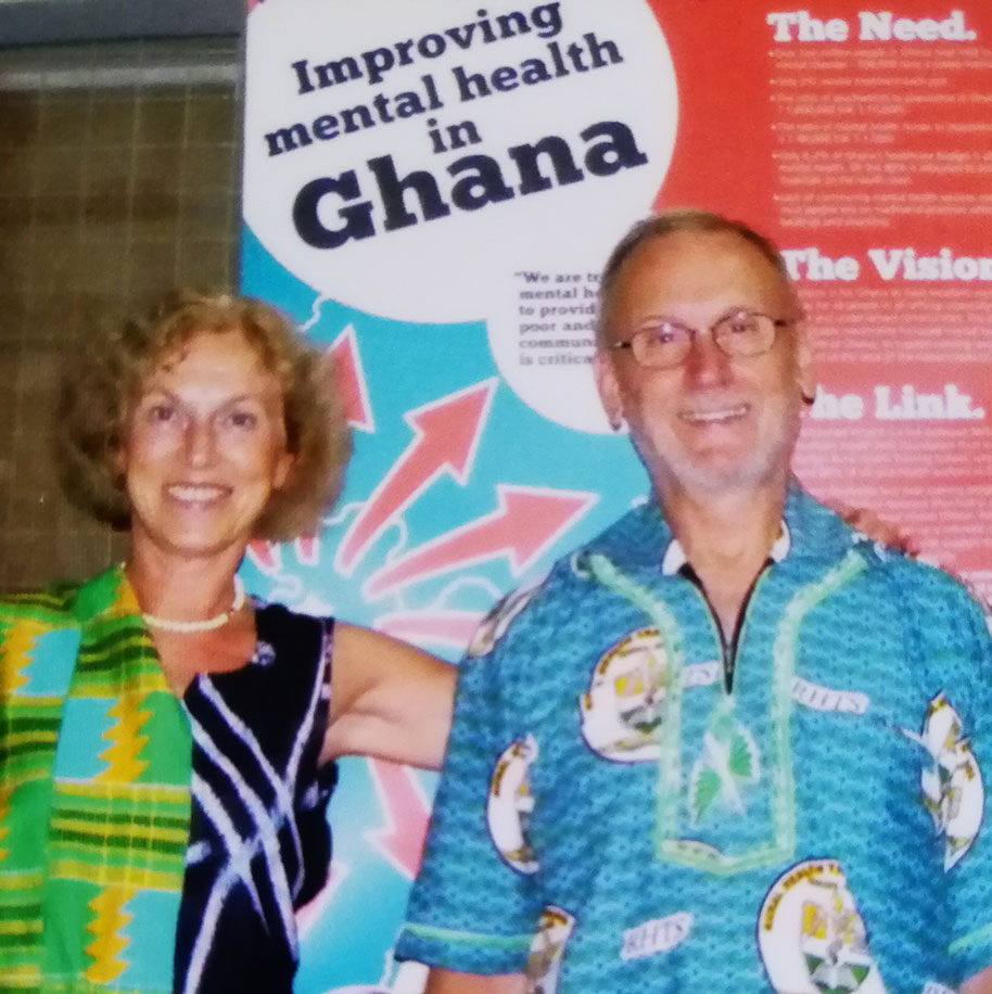Dr Rosie Lusznat and Prof. Colin Coles from the University of Winchester's Centre for Global Health in Rural Health Training School traditional Ghanaian uniform