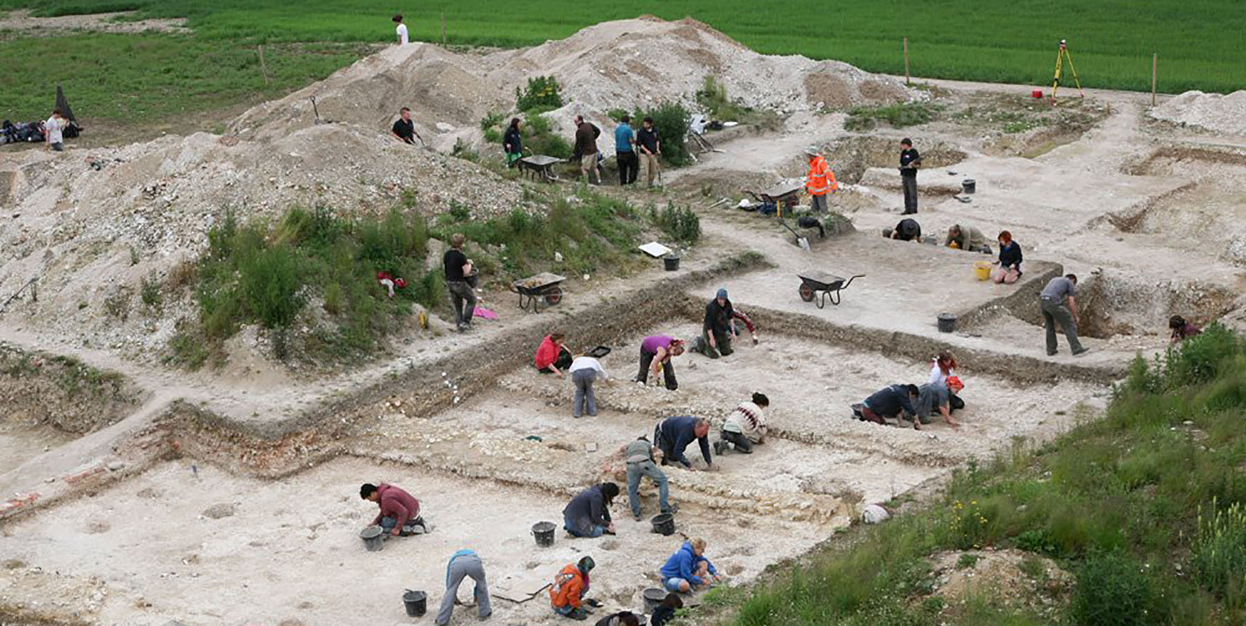 Archaeology at Winchester: aerial view of students working at an excavation