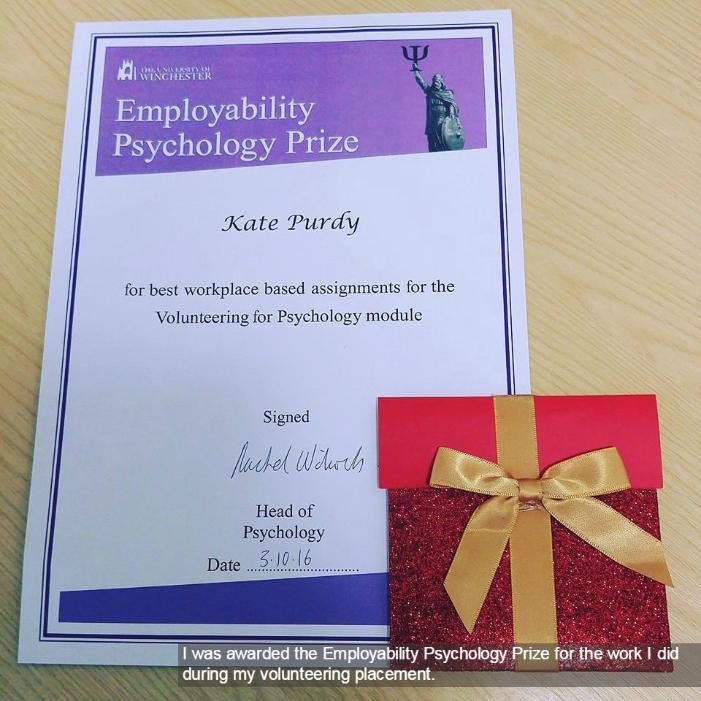 Certificate for Employability Psychology prize awarded to Kate Purdy