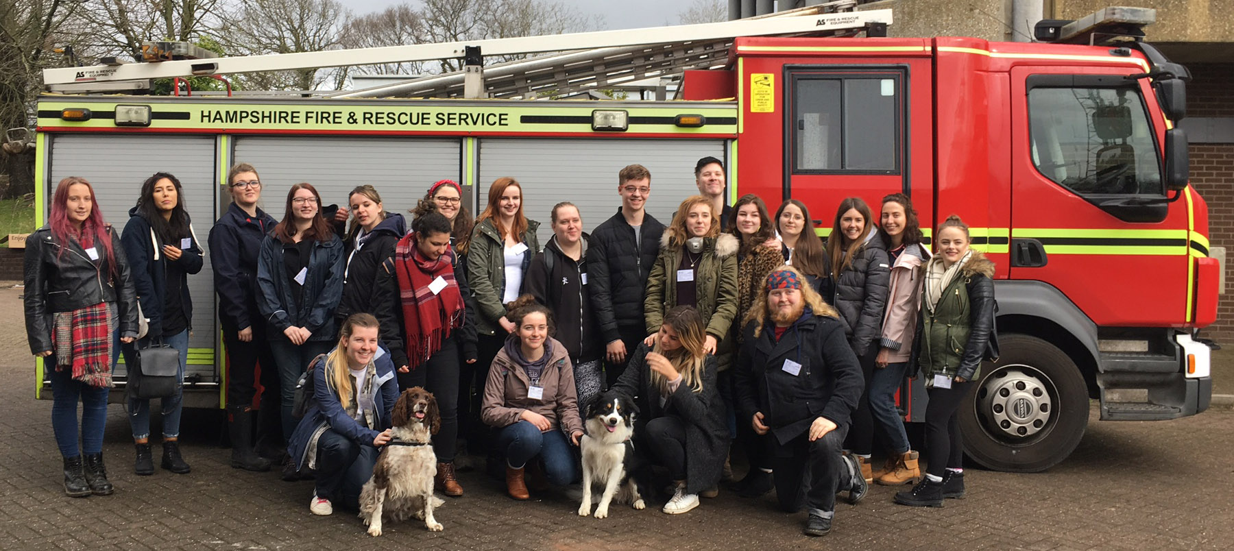 Students in front of a fire engine