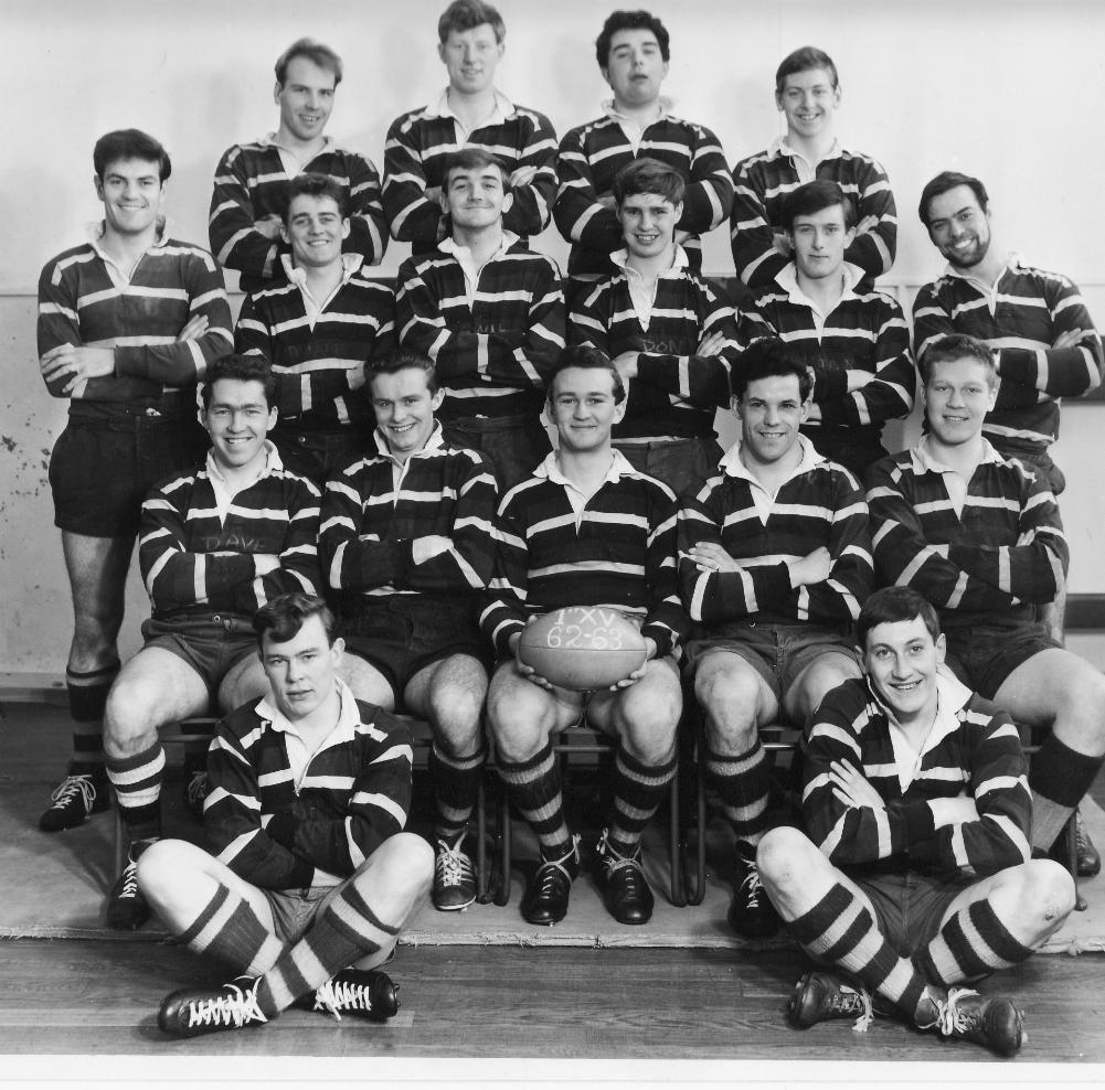 Men's rugby team from 1962-63 posing in a group
